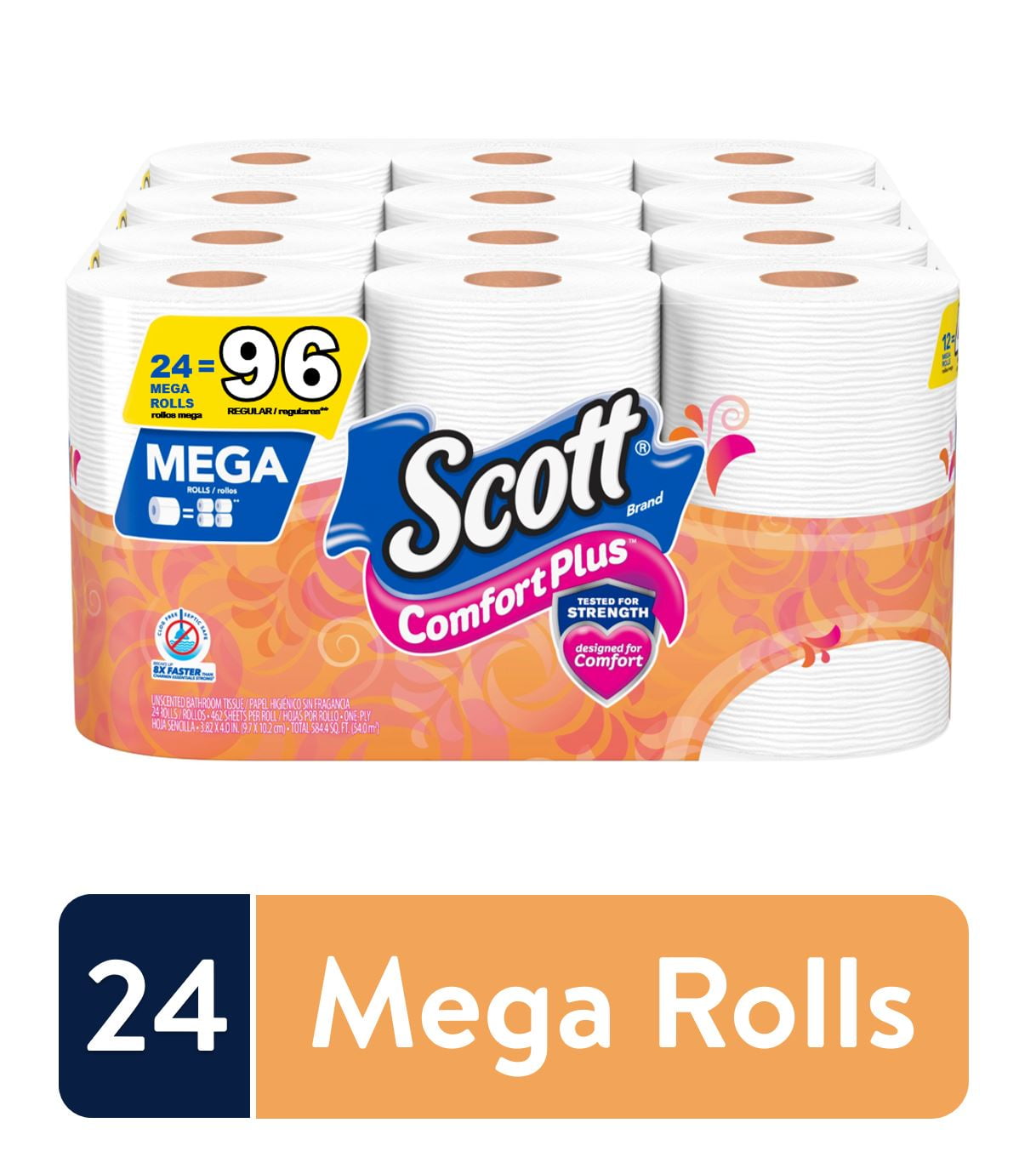 Scott ComfortPlus Toilet Paper, 24 Mega Toilet Paper Rolls, Bath Tissue
