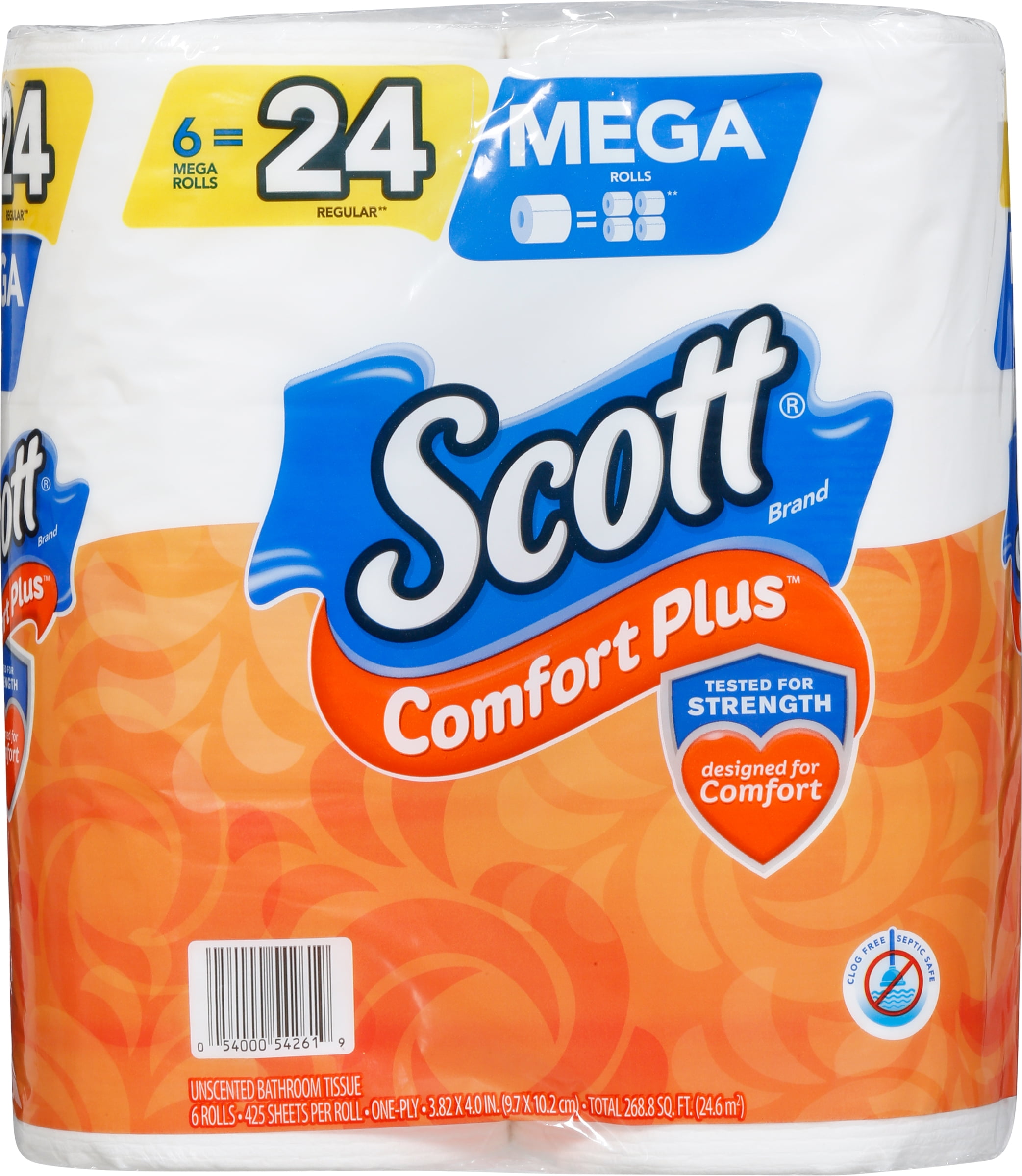 Scott ComfortPlus Toilet Paper, 6 Mega Rolls, 425 Sheets per Roll