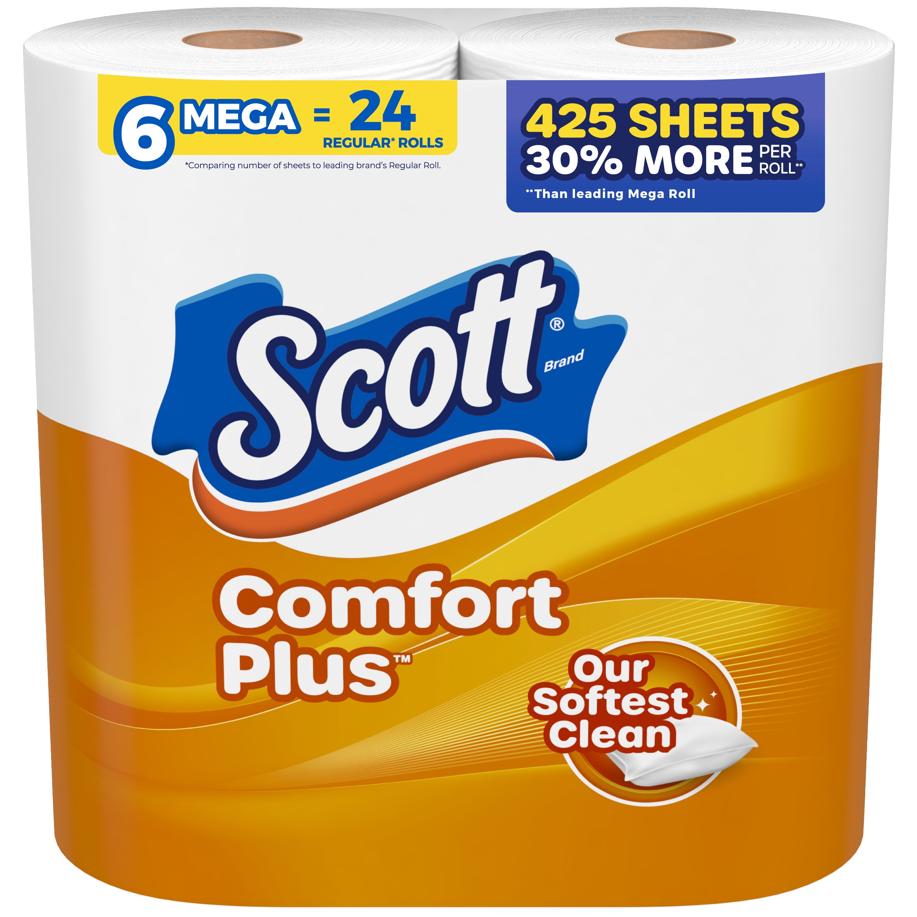 Scott ComfortPlus Dissolvable Toilet Paper, 6 Mega Rolls, 425 Sheets ...