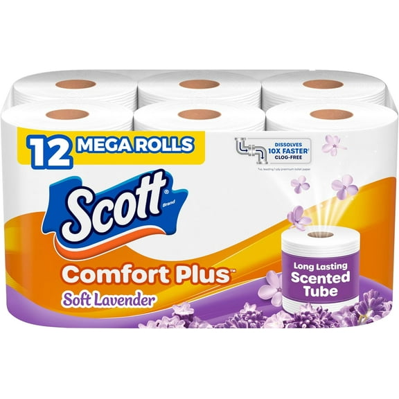 Scott ComfortPlus Toilet Paper, Lavender Scented Tube, 12 Mega Rolls, 310 Sheets per Roll, Septic & RV Safe, Soft 1-Ply Tissue