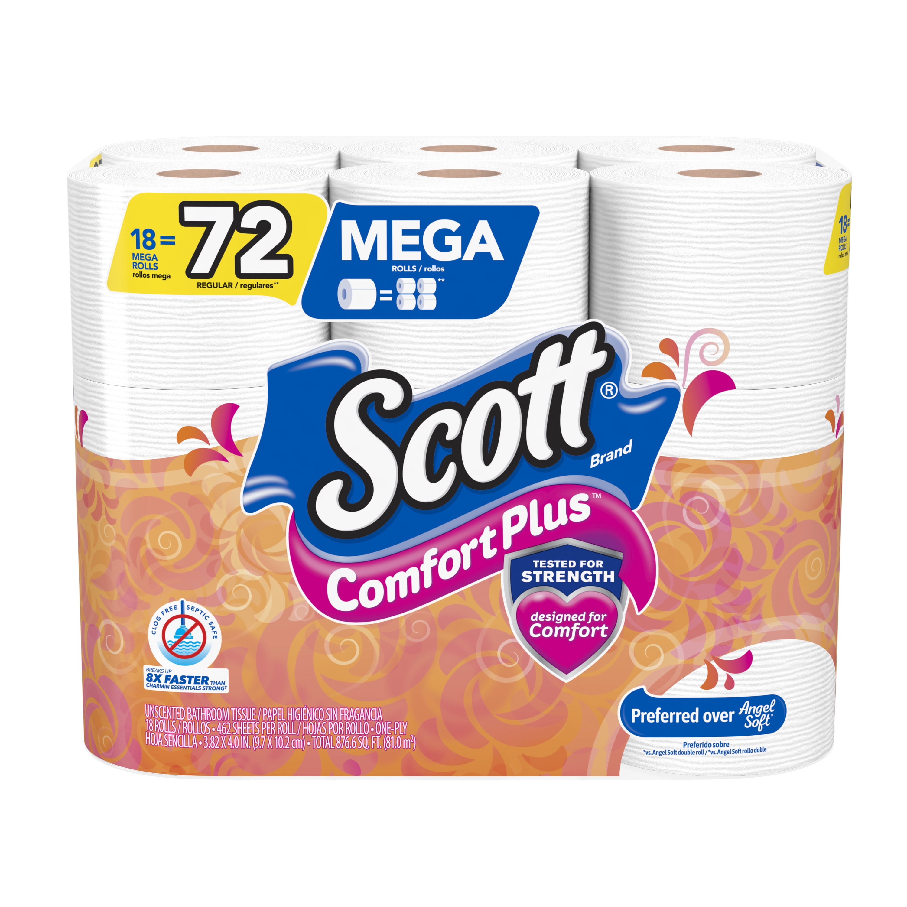 Scott ComfortPlus Toilet Paper, Mega Roll, 18 Rolls, Bath Tissue