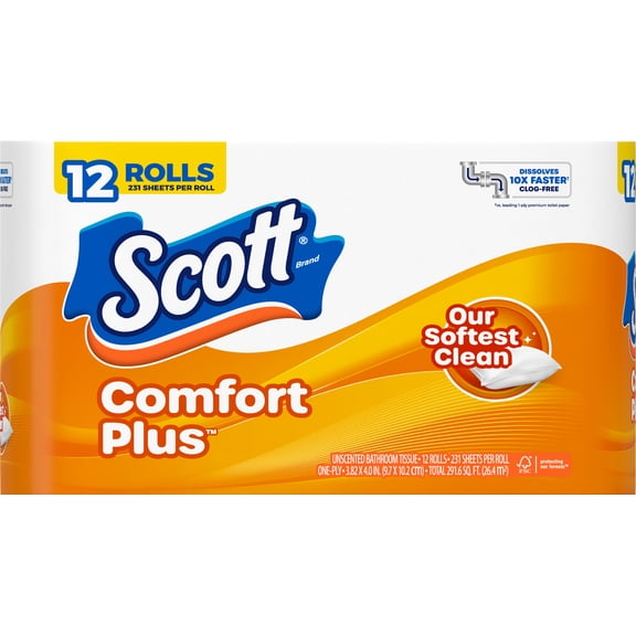 Scott ComfortPlus Toilet Paper, STF912 Double Rolls, 231 Sheets per Roll, Septic-Safe, 1-Ply Toilet Tissue