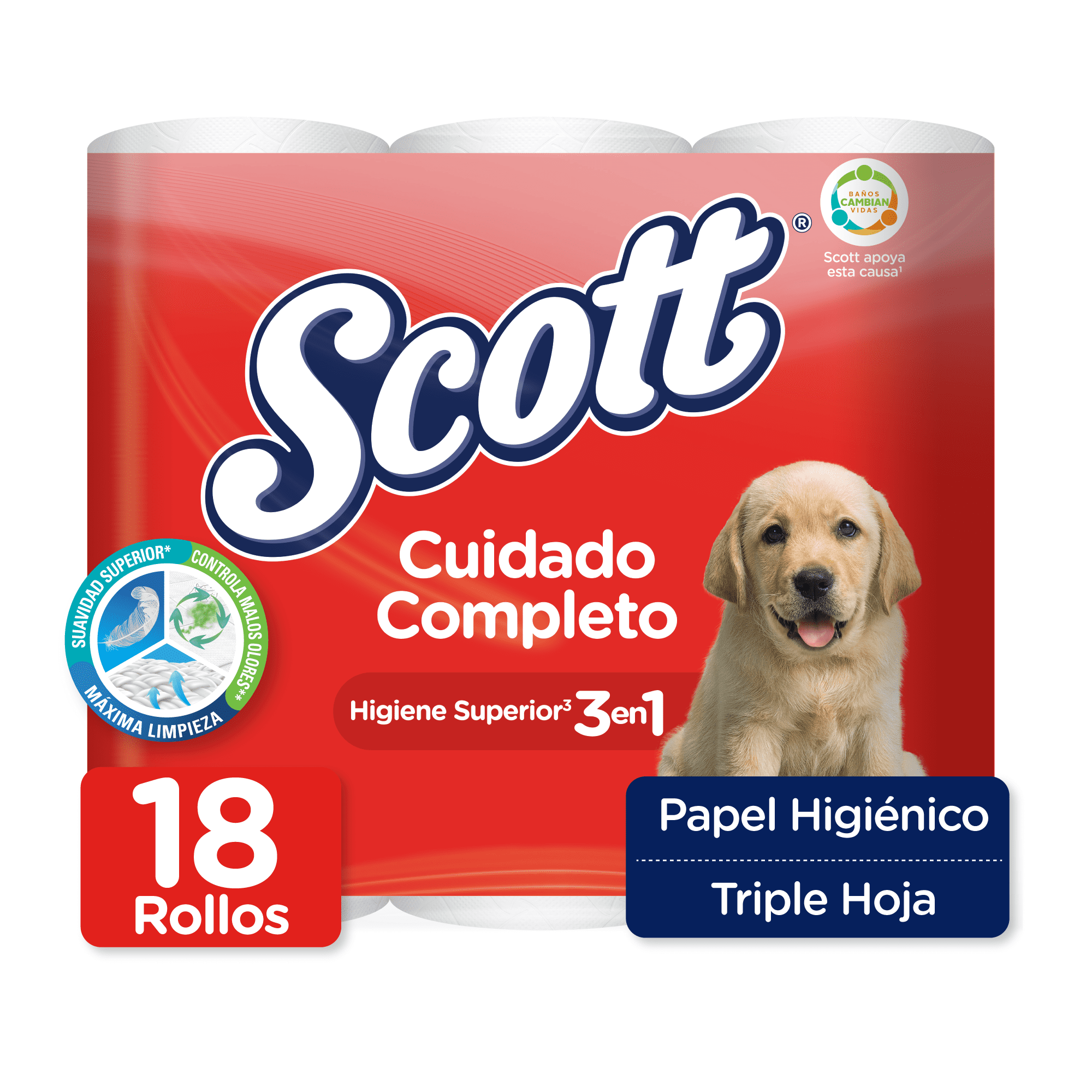 Scott Cuidado Completo 3-Ply Superior Hygiene Toilet Paper, 18 Triple Sheet Rolls