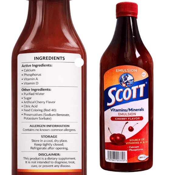 Scott Emulsion Cherry Flavor 400mL  Source of Vitamins A & D, Calcium and Phosphorus