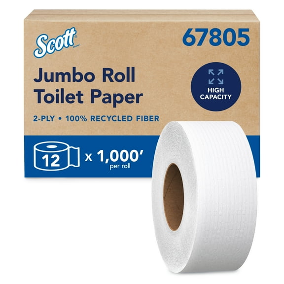 Scott Professional 100% Recycled Fiber High-Capacity Jumbo Roll Toilet Paper, Bulk (67805), 2-Ply, Septic Safe, White, Non-Perforated (12 Rolls at 1,000' Each, 12,000'/Case)
