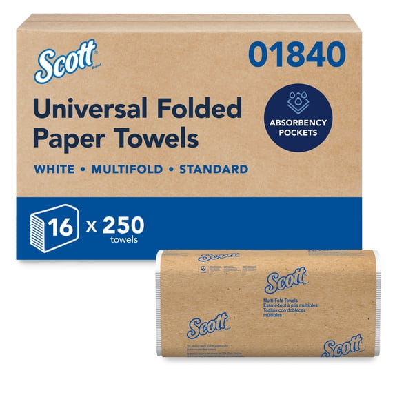 Scott® Professional Universal Multifold Paper Towels, Bulk (01840), Absorbency Pockets, 9.2" x 9.4" sheets, Standard Tier, Compressed, White (250 Sheets/Pack, 16 Packs/Case, 4,000 Sheets/Case)