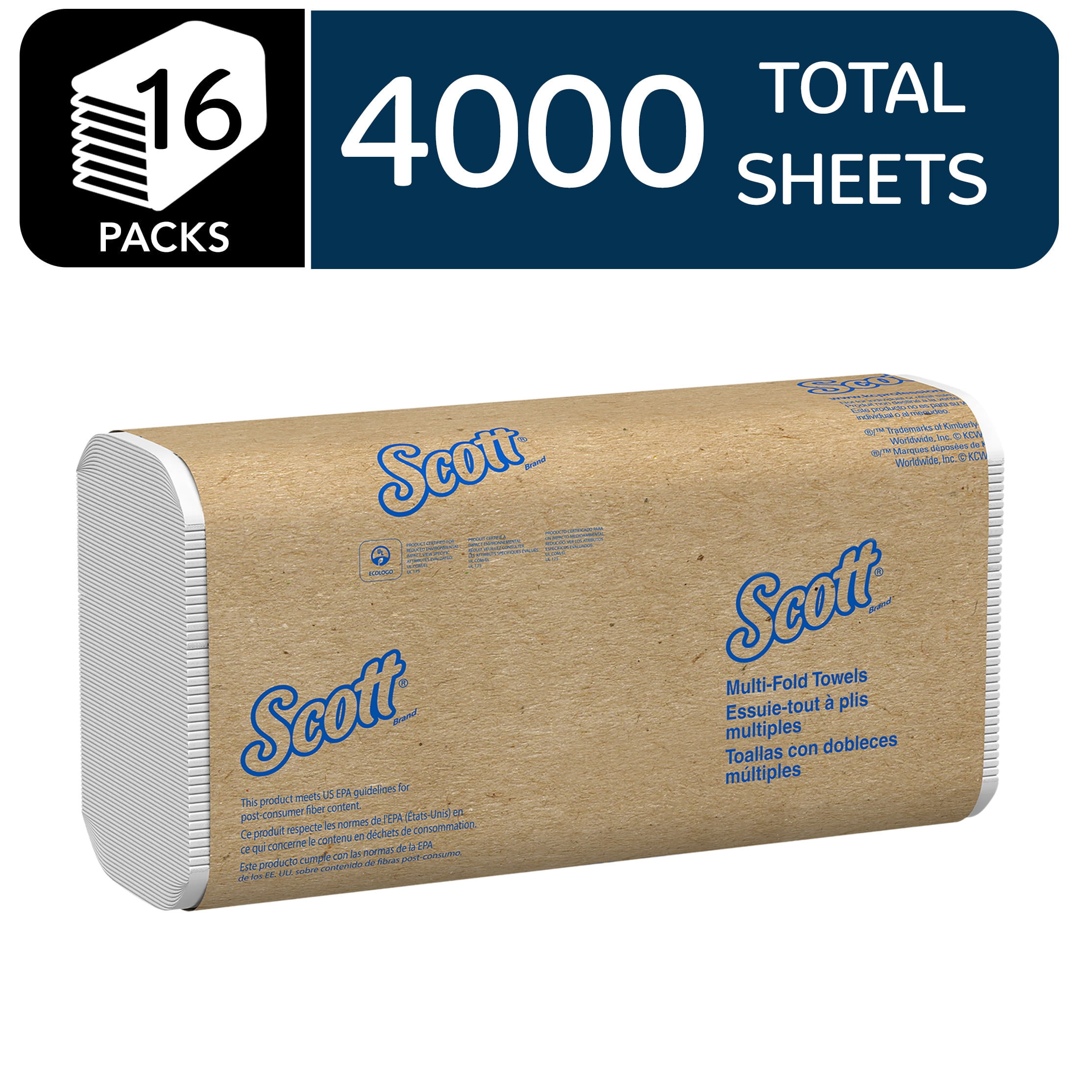 Scott Universal Multifold Paper Towels, Bulk (01840), Absorbency Pockets, 16 Packs of 250 Sheets