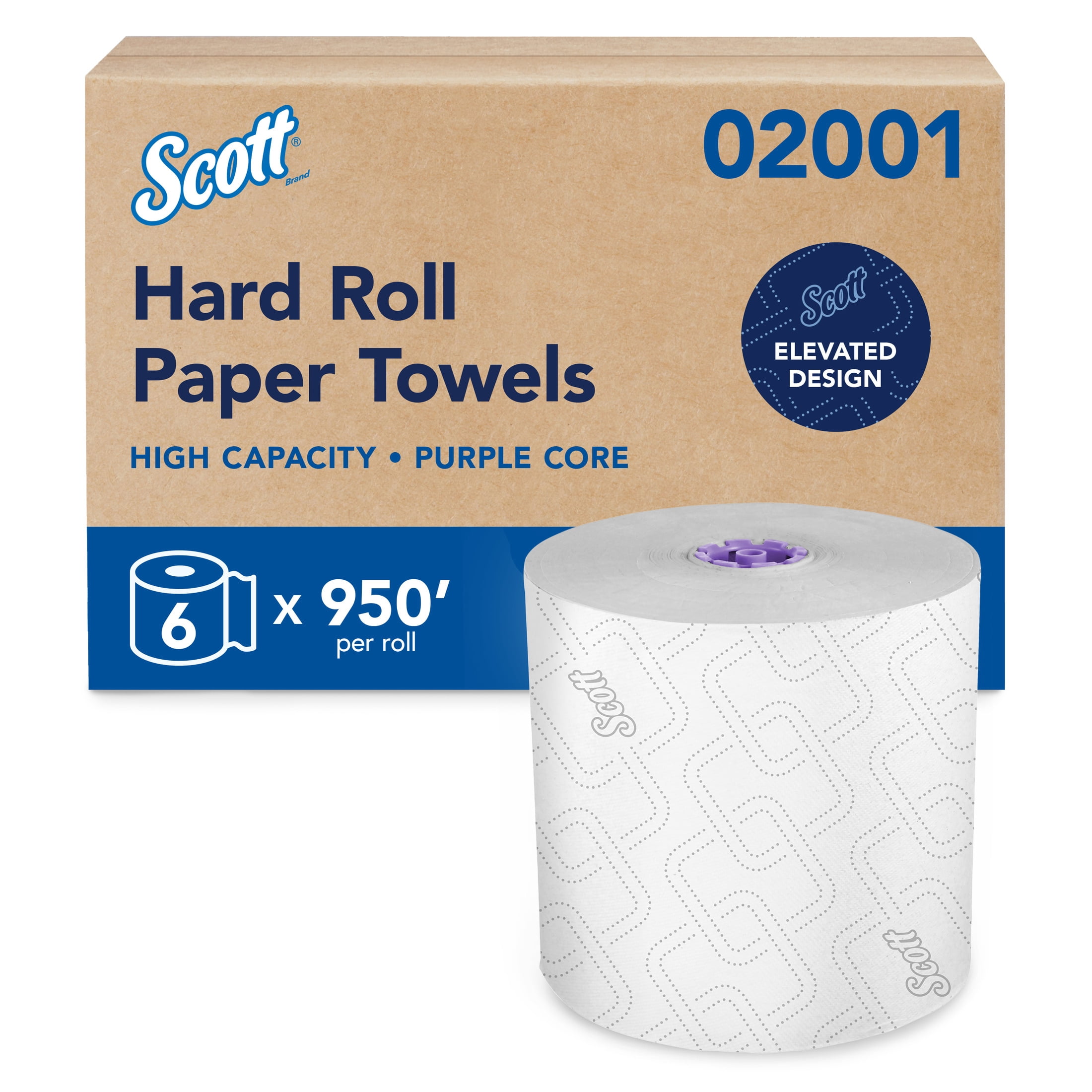 Scott® Professional High-Capacity Hard Roll Paper Towels, Bulk (02001), Hardwound, Elevated Design, Absorbency Pockets, Fits Purple Core Dispensers (6 Rolls, 950' Each)