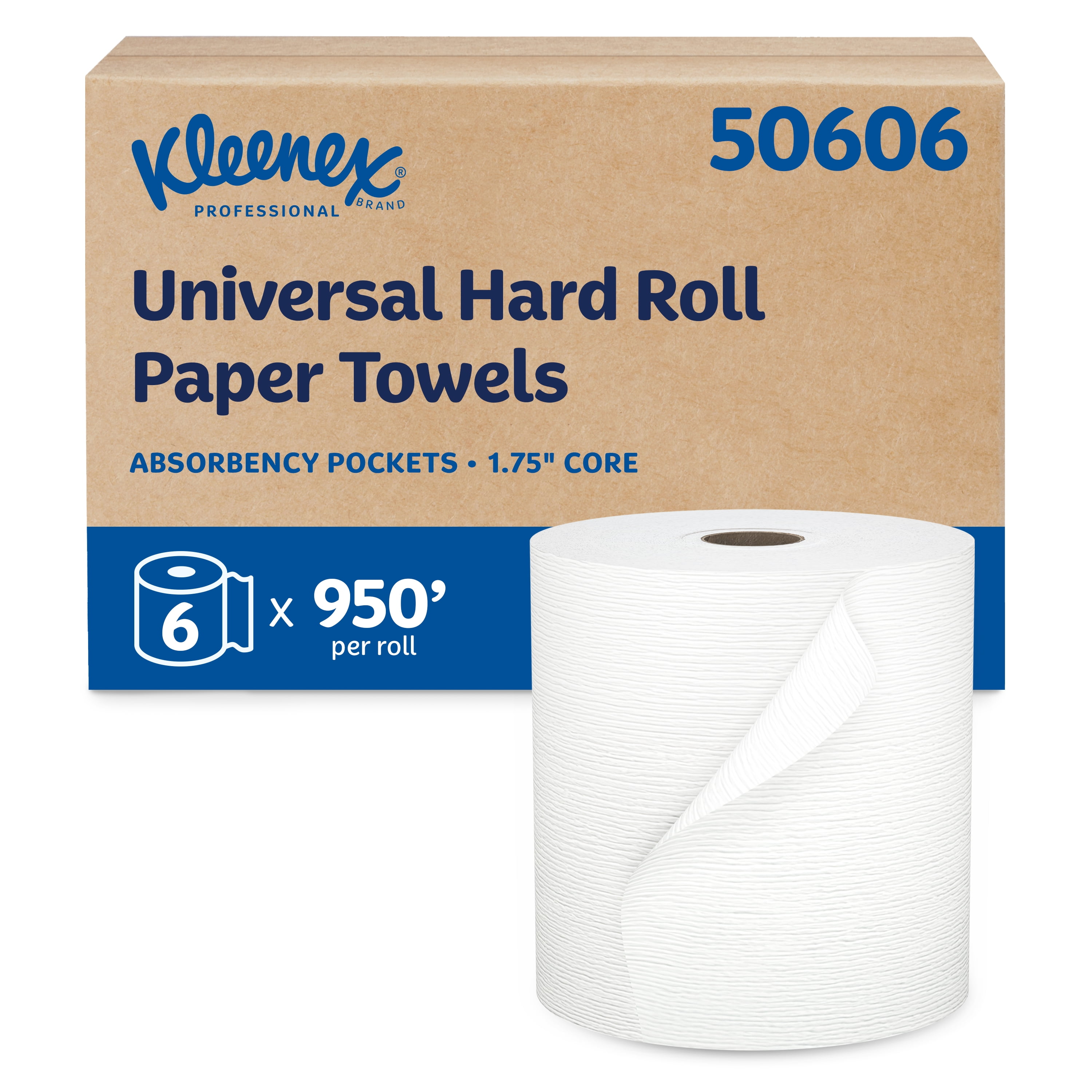 SCOTT Kleenex Professional Universal Hard Roll Paper Towels, Bulk (50606), Hardwound 1.75" Core, Premium Absorbency Pockets, White (6 Rolls at 600' Each, 3,600'/Case)