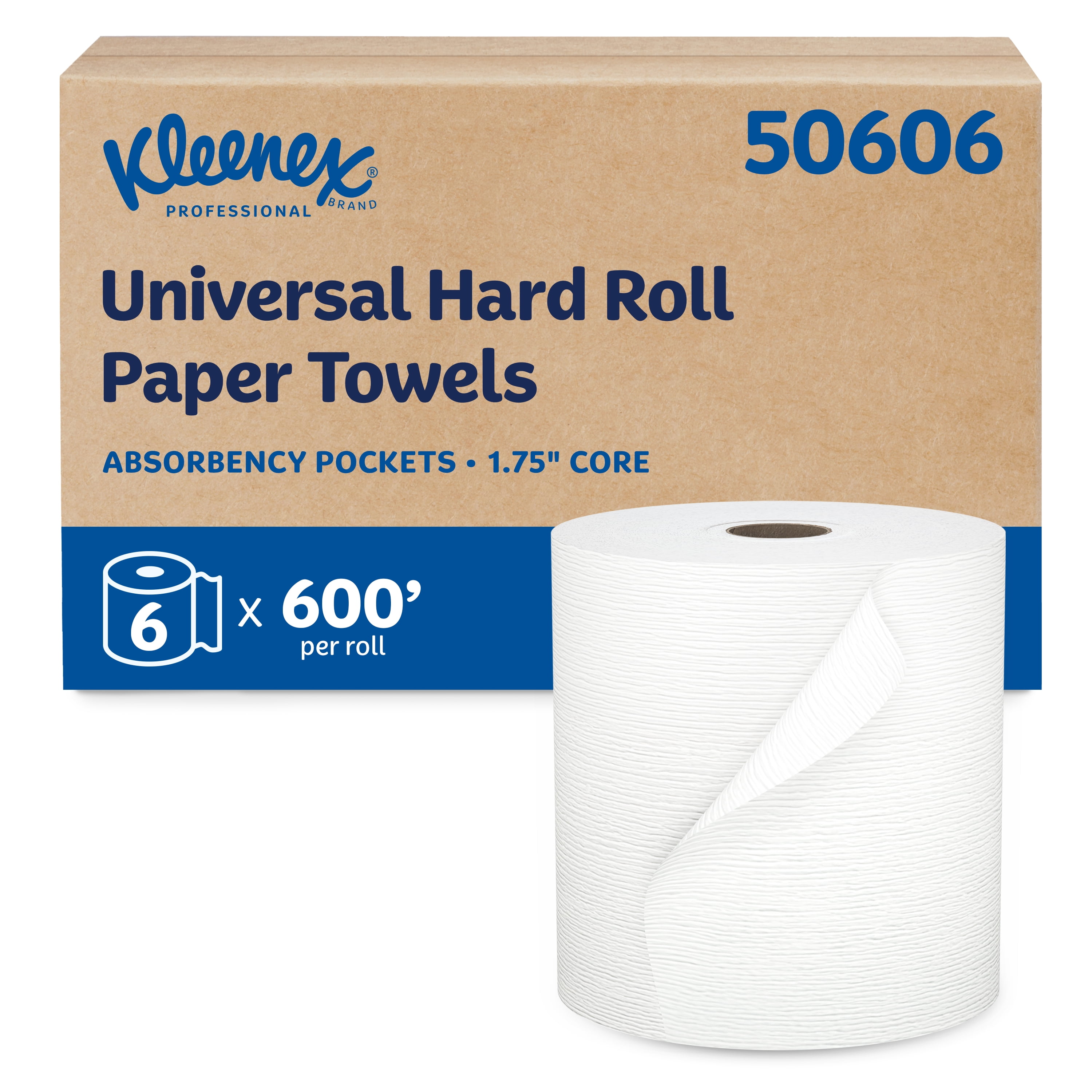 SCOTT Kleenex Professional Universal Hard Roll Paper Towels, Bulk (50606), Hardwound 1.75" Core, Premium Absorbency Pockets, White (6 Rolls at 600' Each, 3,600'/Case)