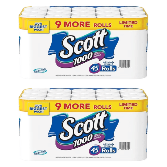Scott Limited Edition 1000-Sheet Bath Tissue, 45 Rolls, 2 Pack, 90 Total Rolls