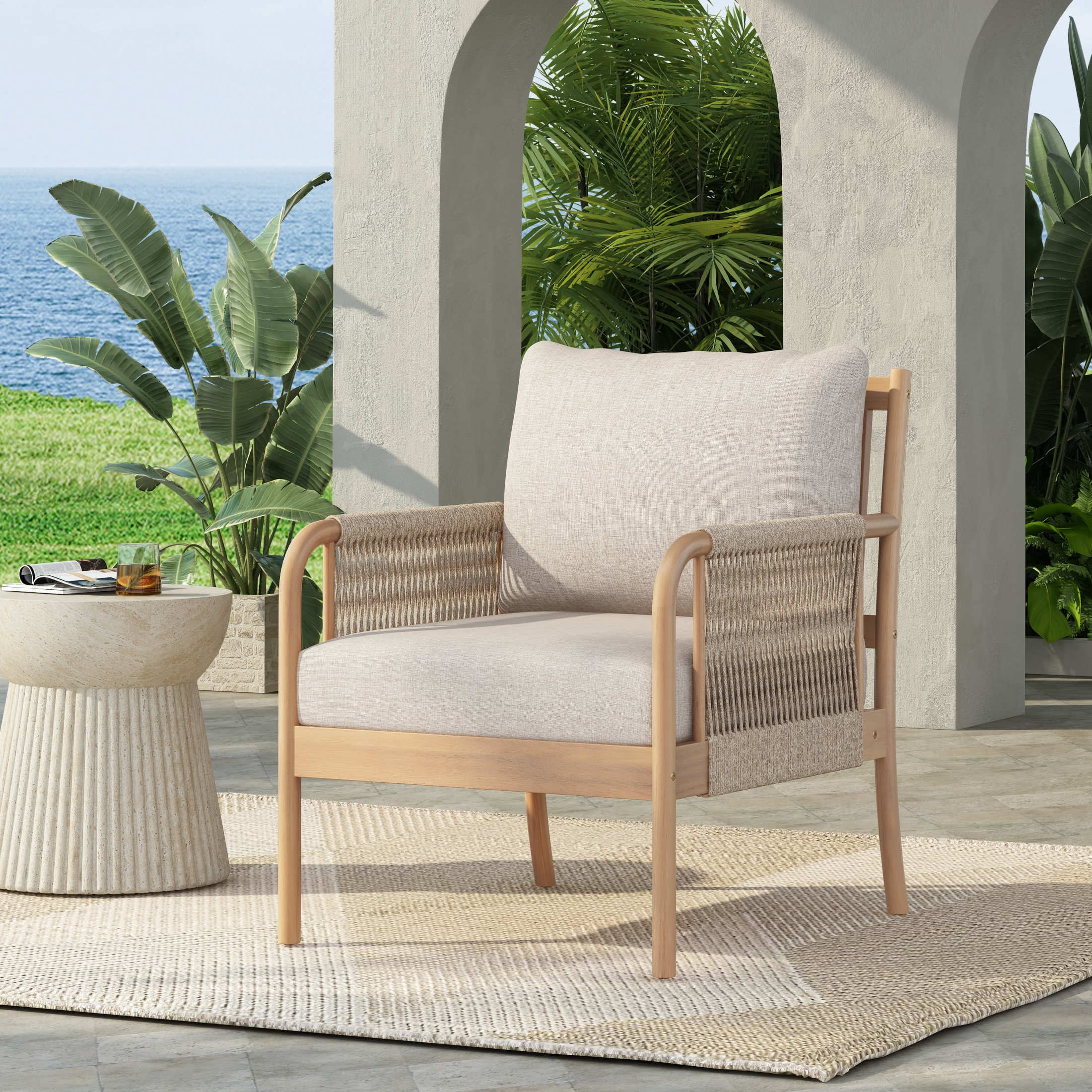 Christopher Knight Home Casper Outdoor Club Chair Acacia Wood and Woven Rope