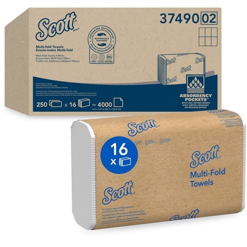 Scott MultiFold Paper Towels Multifold - 9.40" x 8" - White - Fiber - Absorbent, Eco-friendly - For Restroom, Kitchen, Commercial, Business - 250 Per Pack - 4000 / Carton