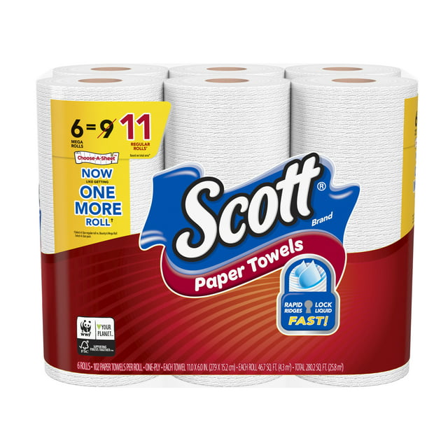 Scott Paper Towels, 6 Mega Rolls (11 Regular Rolls), Choose-A-Sheet