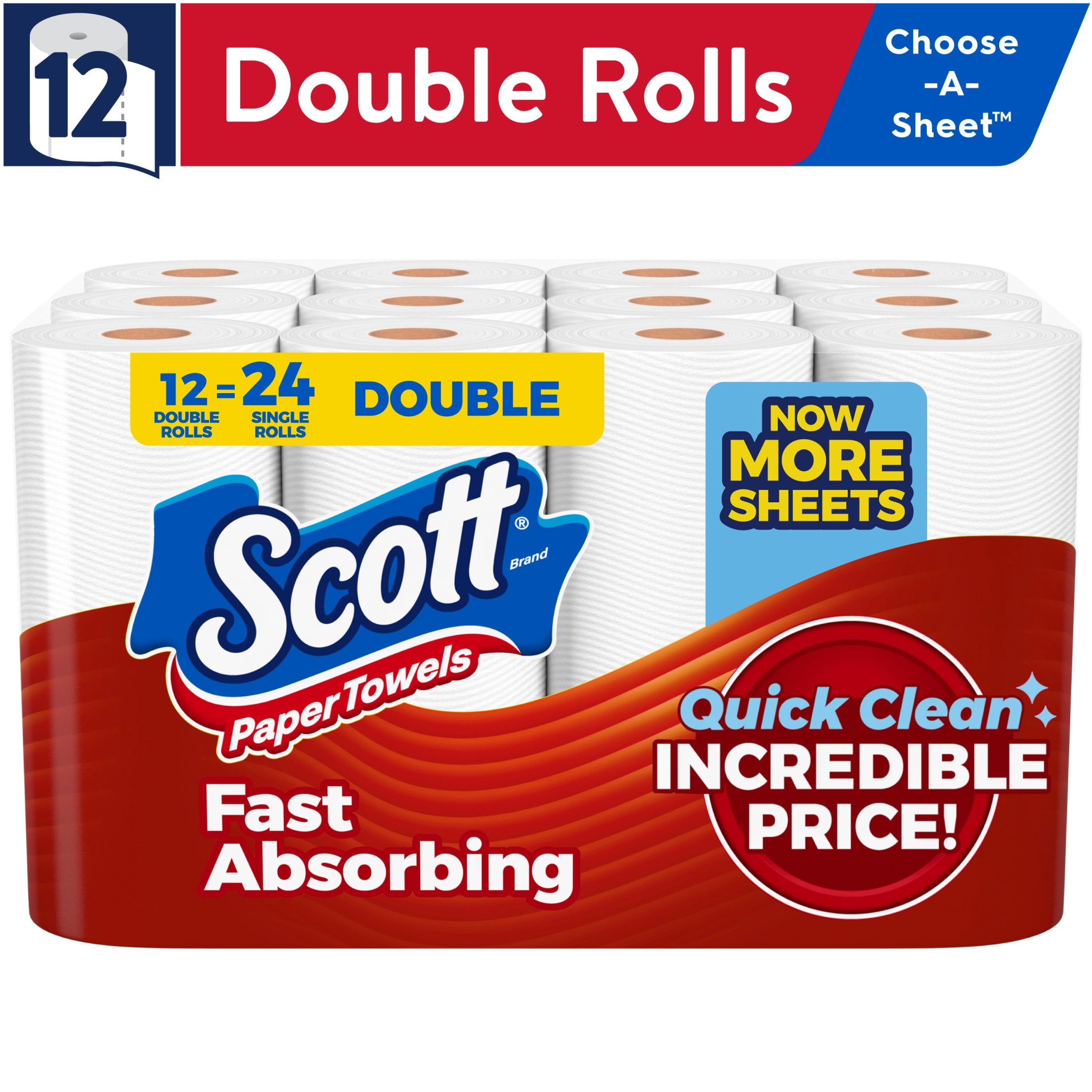 Scott Paper Towels, Choose-A-Sheet, 12 Double Rolls