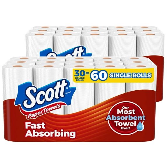 Scott Paper Towels, Choose-A-Sheet, 30 Double Rolls 2 Packs of 15 = 60 Regular Rolls 100 Sheets Per Roll