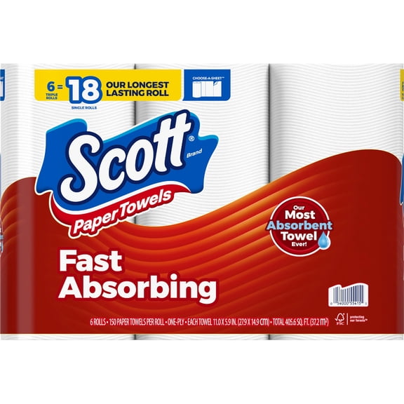 Scott Paper Towels, Choose-A-Sheet, 6 Triple Rolls = 18 Regular Rolls (150 Sheets Per Roll)