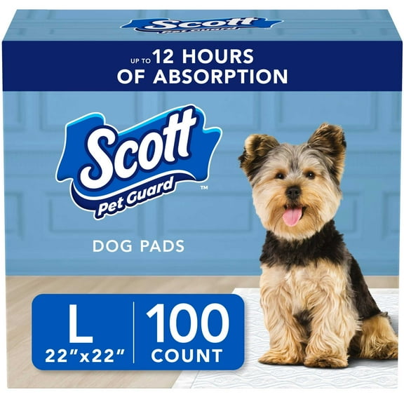 Scott Pet Guard Dog Pads - Dog Training Pee Pads for Puppies, Medium & Large Dogs - Up to 12 Hour Absorbent Odor Control - Easily Disposable Dog Pee Pads - Size Large - 22" x 22" - 100 Pack