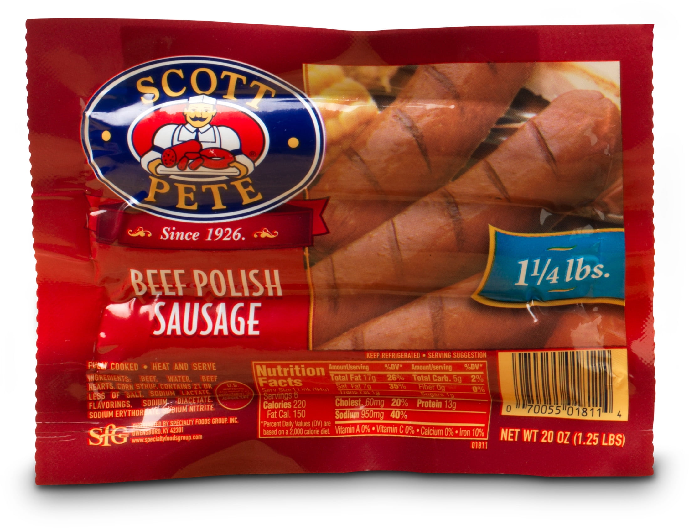 Scott Pete Beef Polish Sausage, Fully Cooked, 20 oz, 6 Count