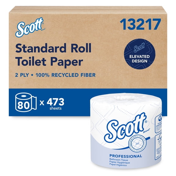 Scott Professional 100% Recycled Fiber Standard Roll Toilet Paper, Bulk (13217), Elevated Design, 2-Ply, Individual Wrap (80 Rolls, 473 Sheets Each)