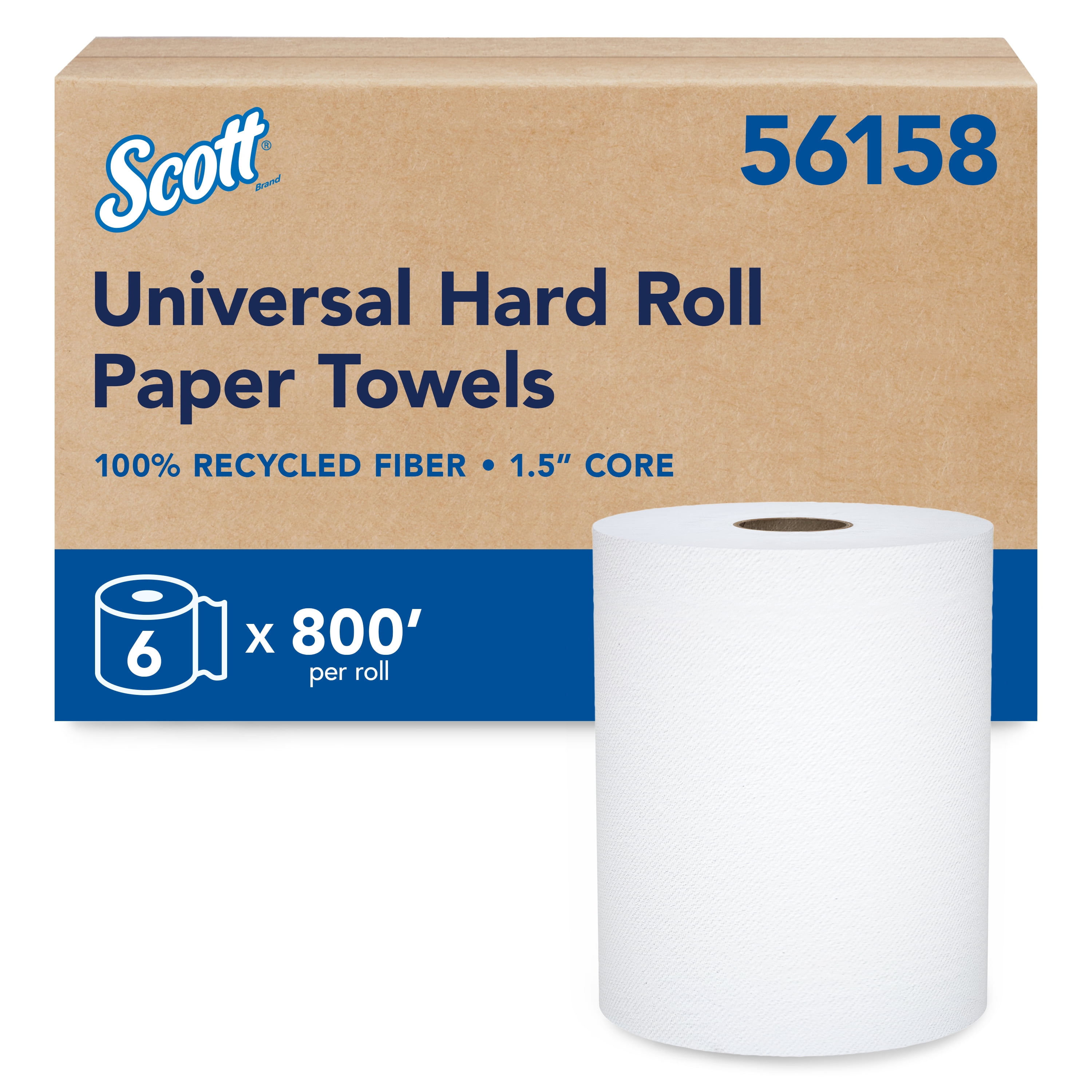 Scott Professional Universal 100% Recycled Fiber Hard Roll Paper Towels, Bulk (56158), Hardwound 1.5" Core, Absorbency Pockets, Compressed, White (6 Rolls at 800' Each, 4,800'/Case)