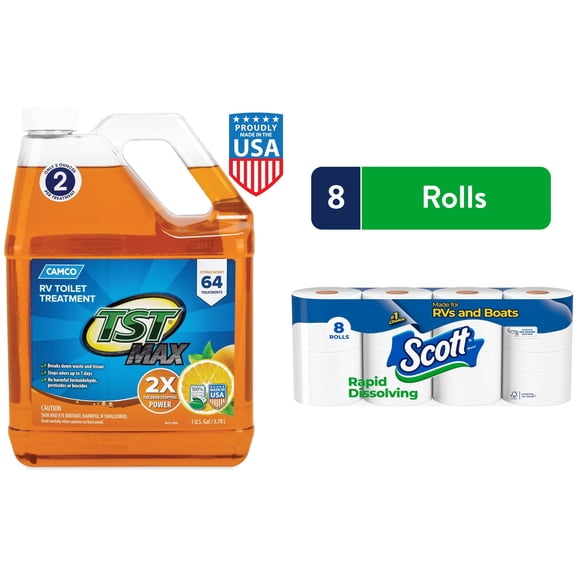 Scott Rapid-Dissolving Toilet Paper (8 Double Rolls) + Camco TST MAX RV Toilet Treatment, Orange (1 Gallon)