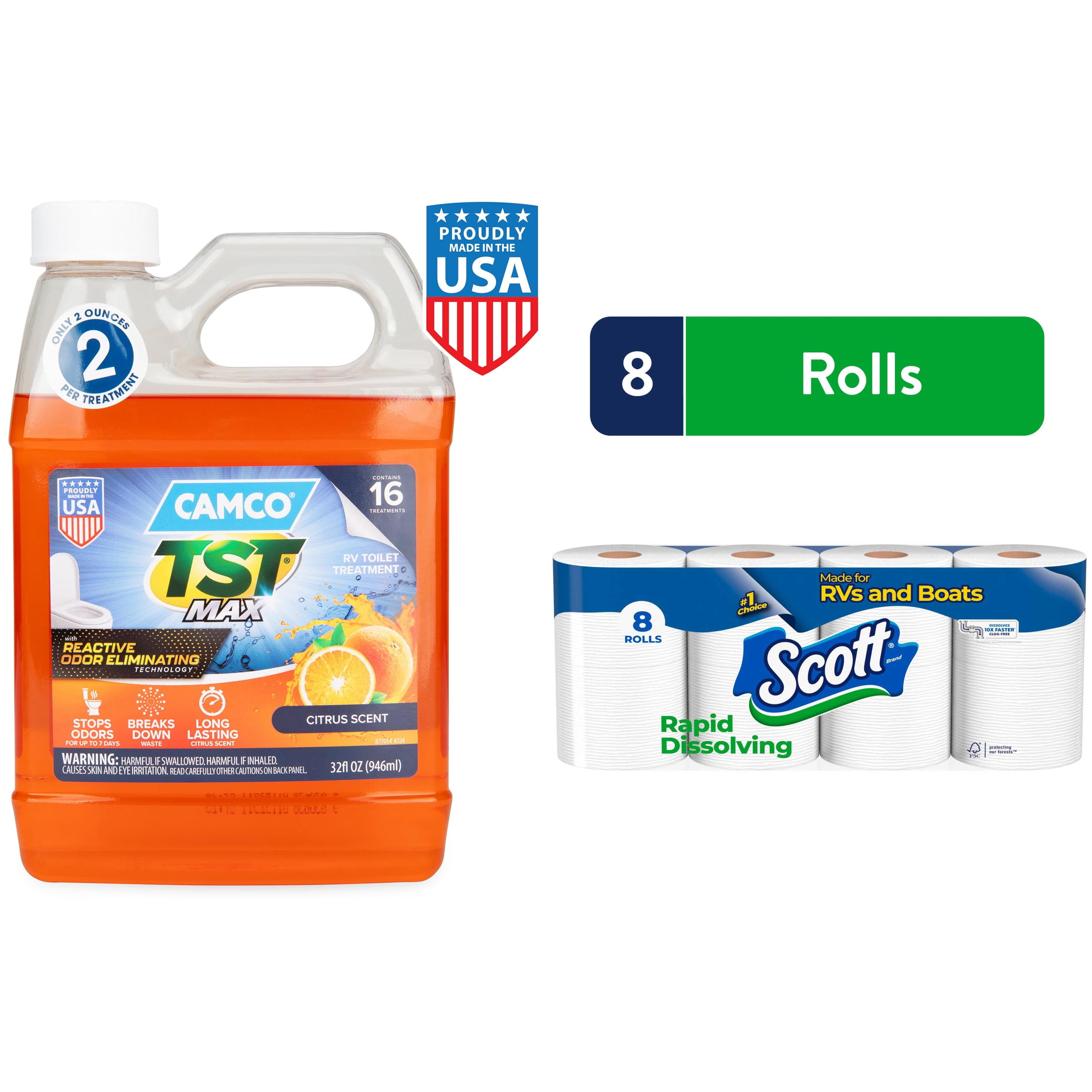 Scott Rapid-Dissolving Toilet Paper (8 Double Rolls) + Camco TST MAX Ultra Concentrated RV Toilet Treatment, Orange (32 oz)