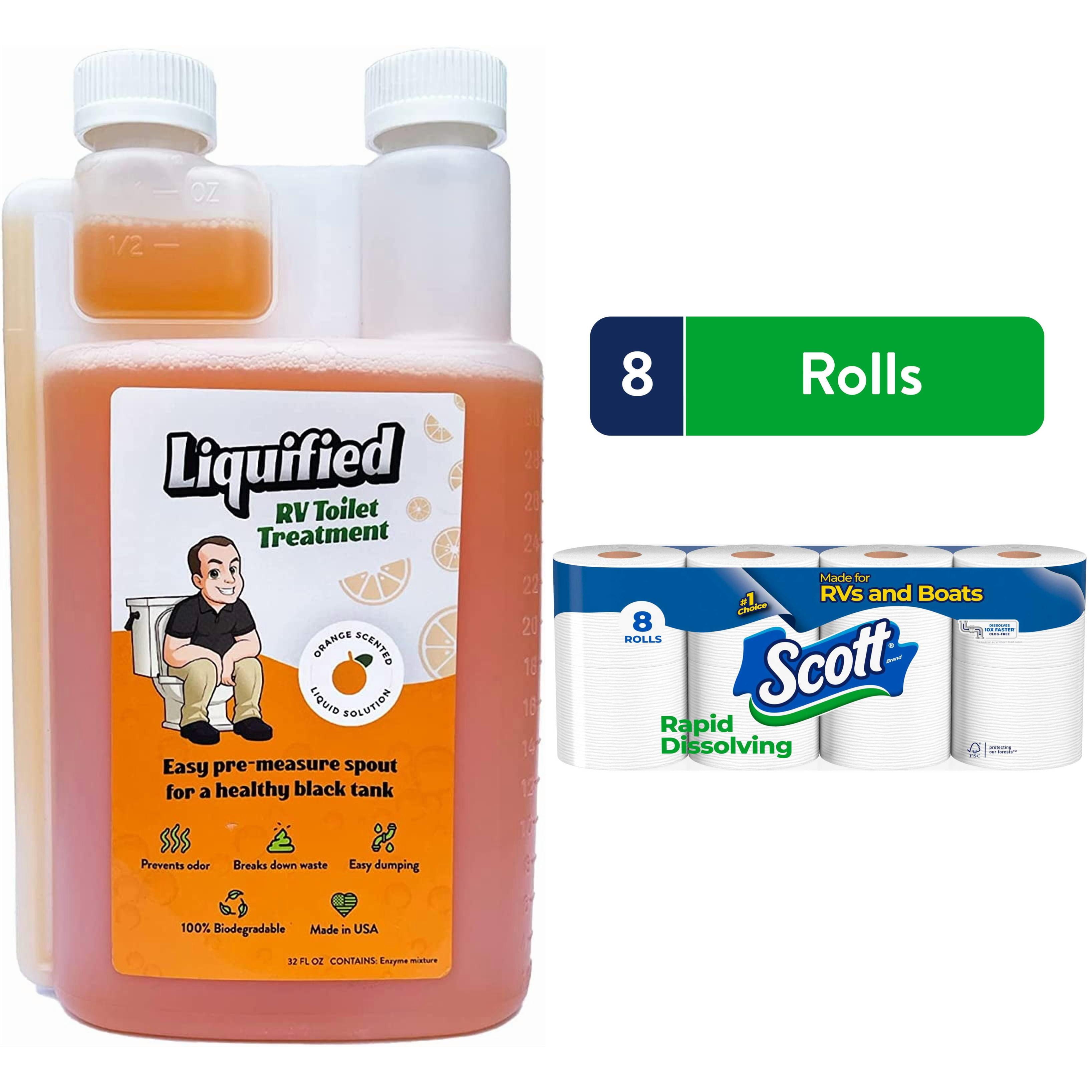 Scott Rapid-Dissolving Toilet Paper (8 Double Rolls) + Matt’s RV Reviews Liquified RV Toilet Treatment, Orange Scent (32 oz)