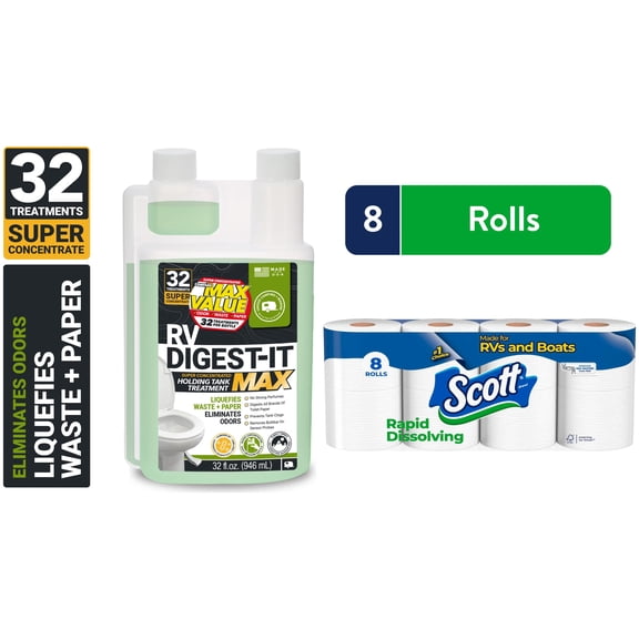 Scott Rapid-Dissolving Toilet Paper (8 Double Rolls) + RV Digest-It Classic MAX Holding Tank Treatment (32 fl oz)