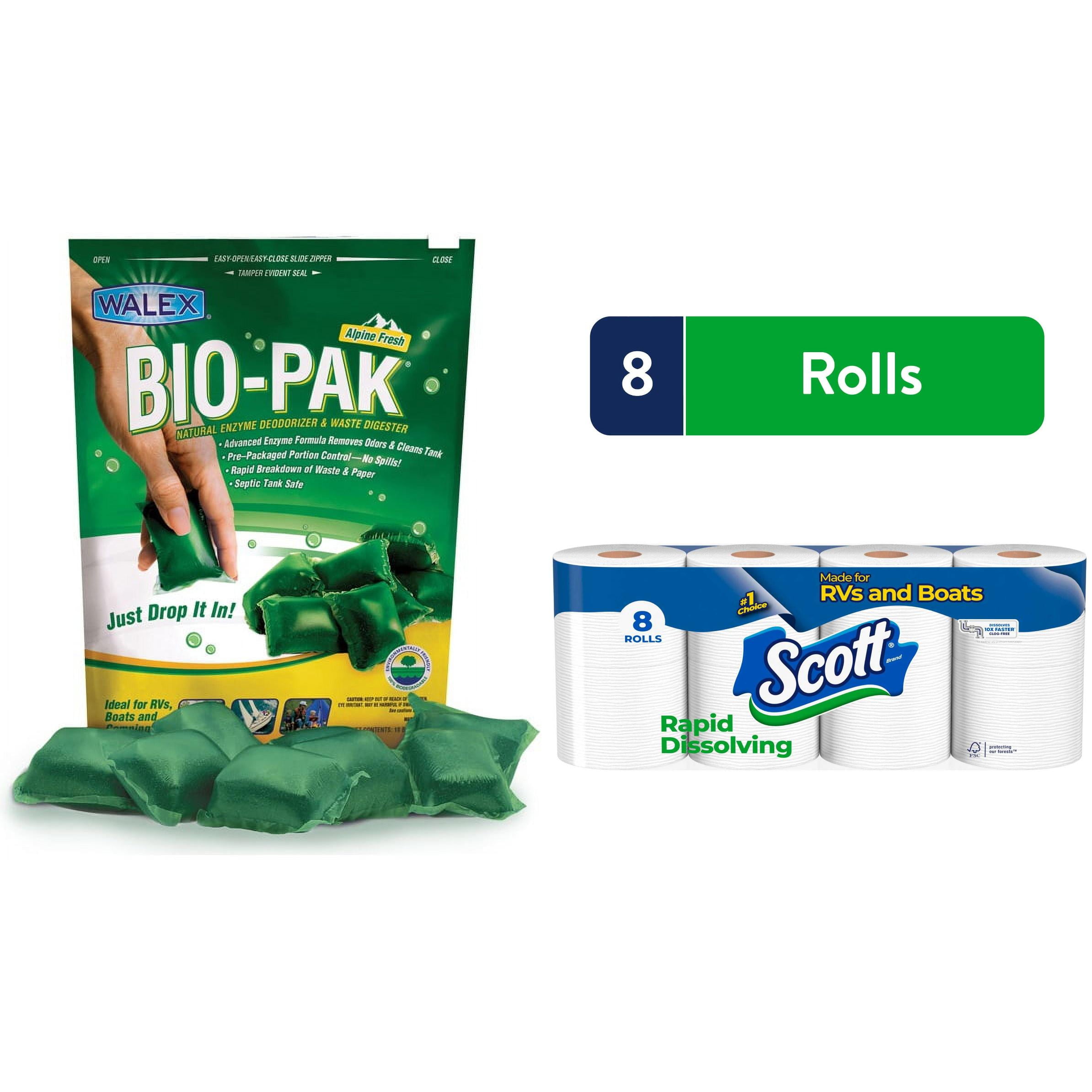 Scott Rapid-Dissolving Toilet Paper (8 Double Rolls) + Walex Bio-Pak Holding Tank Deodorizer Drop-Ins, Green Alpine Scent (2-Pack)