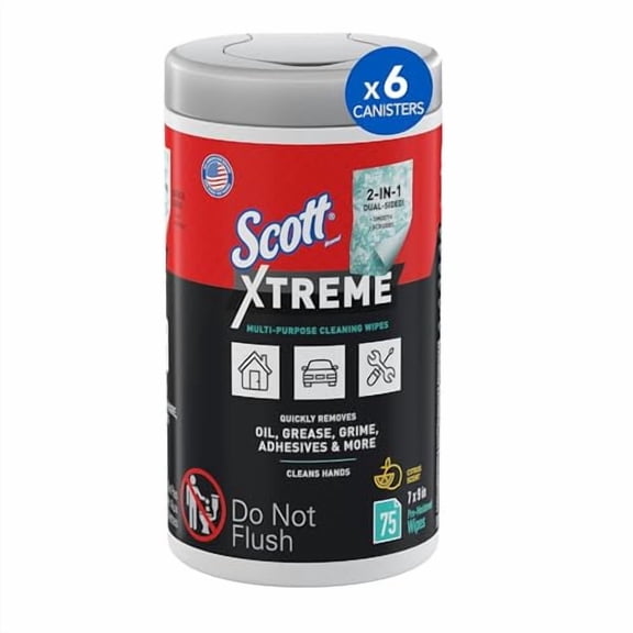 Scott Shop Original Xtreme Multi-Purpose Cleaning Wipes (54591), Heavy Duty Textured Extreme Clean Wiper with Citrus Scent, 9"x7" Wipe (6 Canisters of 75 Sheets, 450 Sheet Total)
