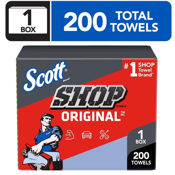 Scott Shop Towels Original (75190), Original Blue Shop Towels, 9"x12" sheets, Pop-Up Box (200 Towels/Box, 1 Box/Case, 200 Towels/Case)