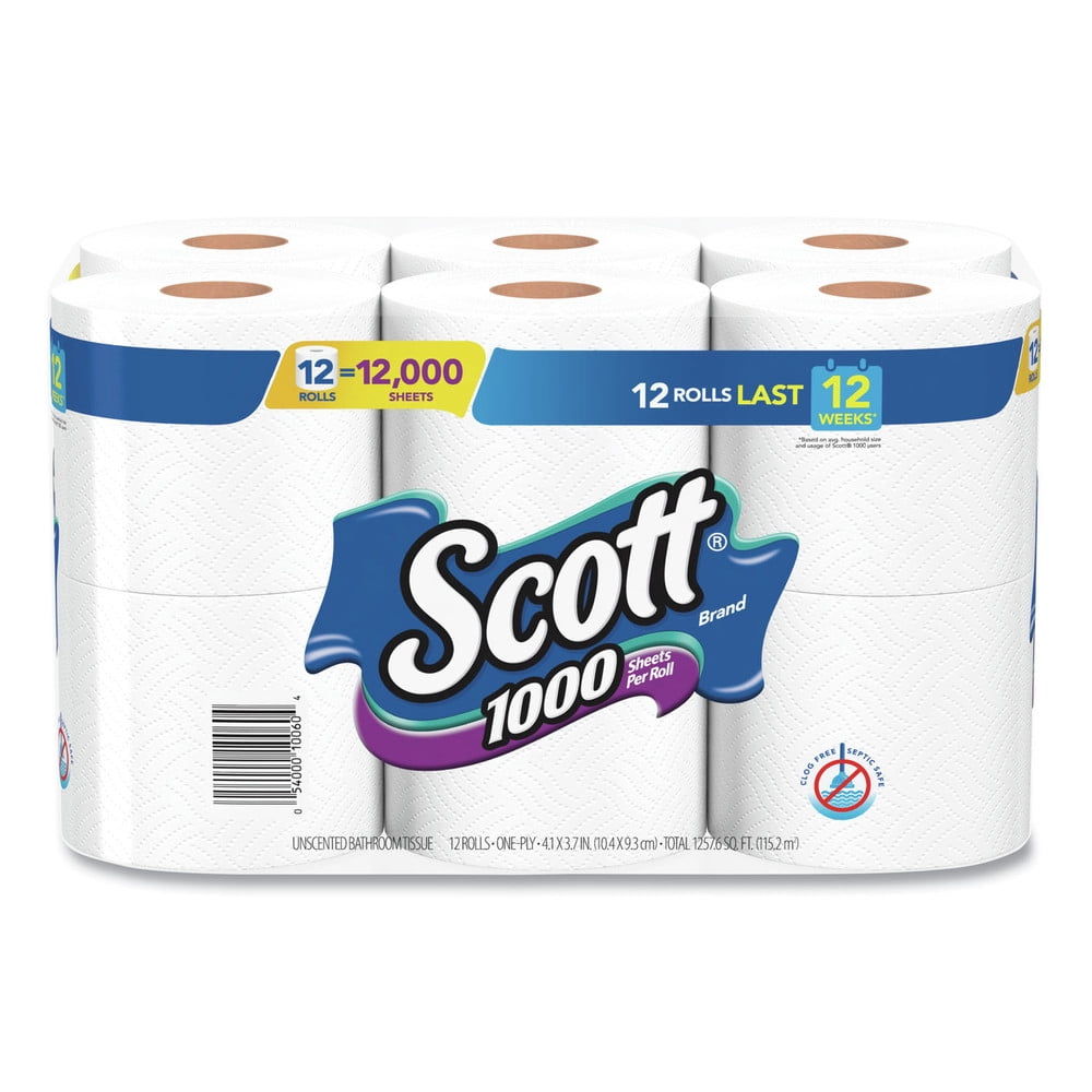 Scott Toilet Paper, Septic Safe, 1Ply, White, 1000 Sheets/Roll, 12