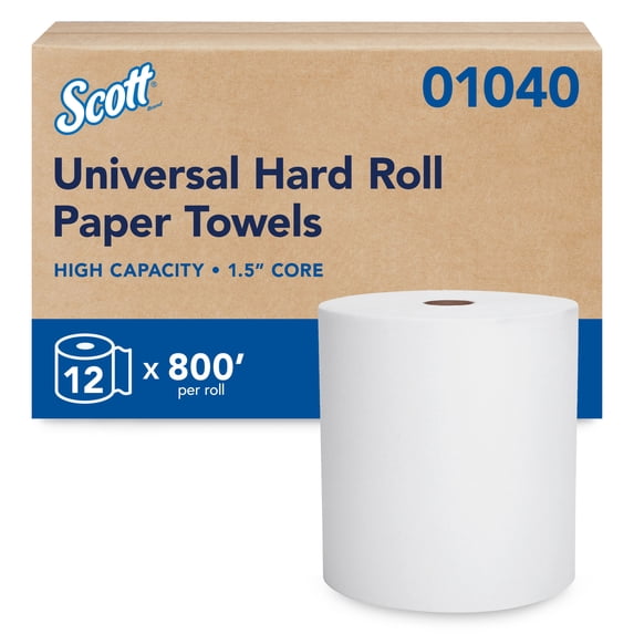 Scott Professional Essential Universal Hard Roll Paper Towels, Bulk (01040), Hardwound 1.5" Core, Absorbency Pockets, White (12 Rolls at 800' Each, 9,600'/Case)