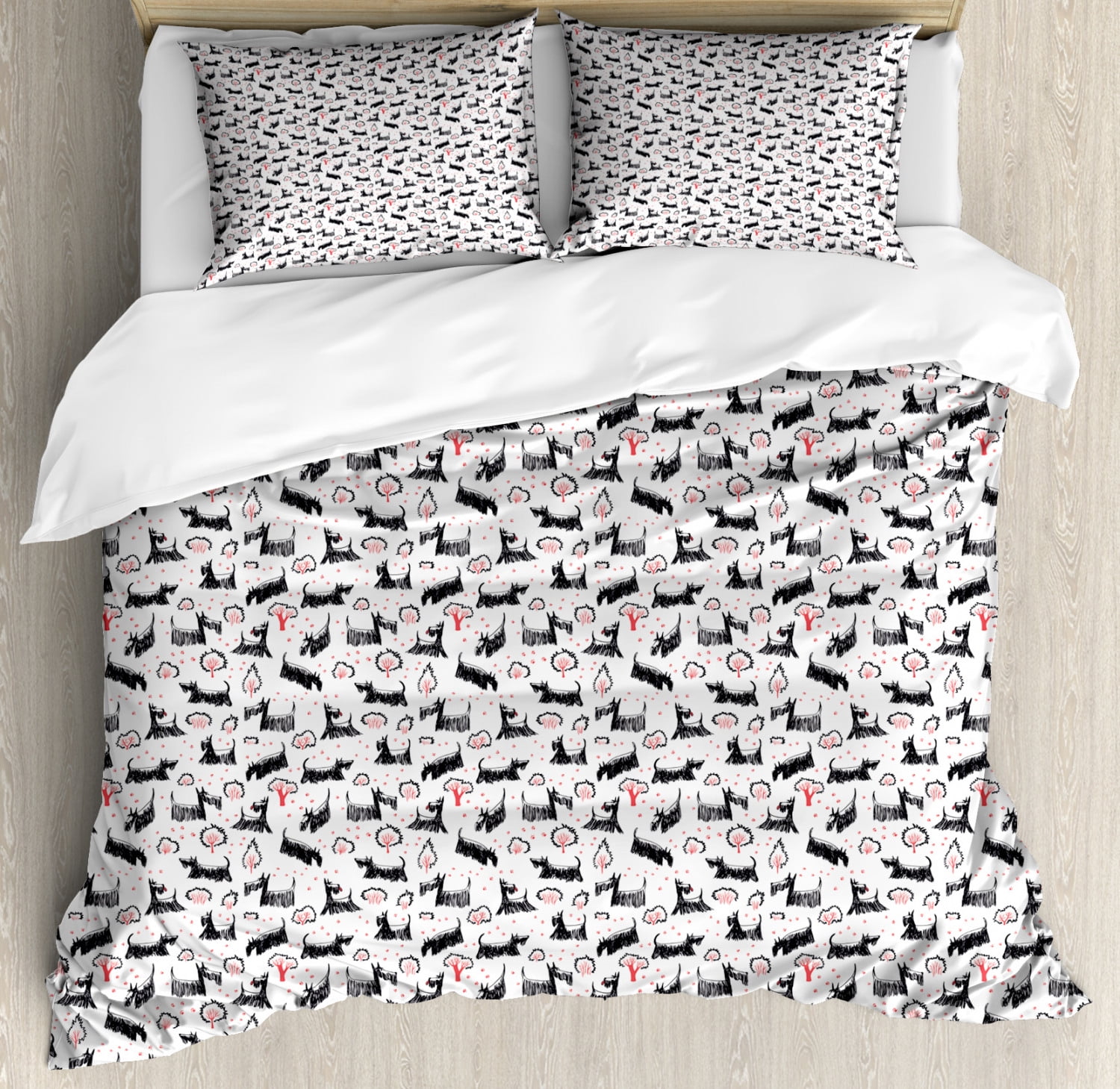 Scottie Dog Duvet Cover Set, Hand-Drawn Sketched and Scribbled Scotch Breeds Playing, Decorative 3 Piece Bedding Set with 2 Pillow Shams, King Size, Coral Charcoal, by Ambesonne