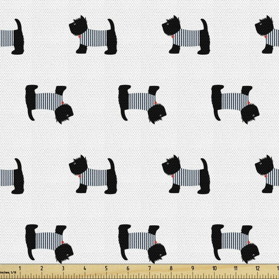 Scottie Dog Fabric by the Yard, French Style Dressed Breeds in Sailor Tshirt Upside down Pattern, Upholstery Fabric for Dining Chairs Home Decor Accents, 1 Yard, Black Blue and Scarlet by Ambesonne
