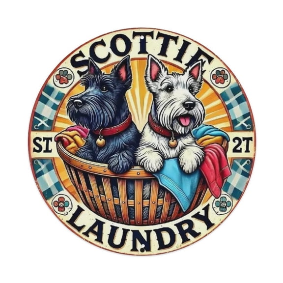 Scottie Dog Laundry Room Round Tin Sign Vintage Metal Poster Living Room Bar Man Cave Home Wall Art Decor 8x8inch