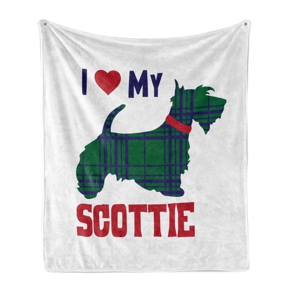 Scottie Dog Soft Flannel Fleece Blanket, I Heart My Scottie Message Tartan Pattern Built in Dog Silhouette, Cozy Plush for Indoor and Outdoor Use, 50" x 60", Dark Blue Green and Ruby, by Ambesonne