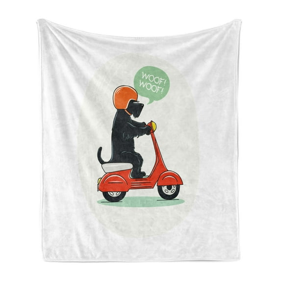 Scottie Dog Soft Flannel Fleece Blanket, Illustration of a Puppy Riding Scooter with Woof Woof Text Balloon Comic Design, Cozy Plush for Indoor and Outdoor Use, 60" x 80", Multicolor, by Ambesonne