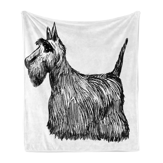 Scottie Dog Soft Flannel Fleece Throw Blanket, Hand-drawn Brush Stroked Illustration of Scottish Terrier, Cozy Plush for Indoor and Outdoor Use, 60" x 80", Charcoal Grey and White, by Ambesonne