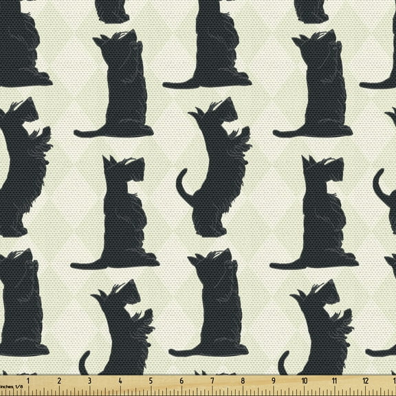 Scottie Dog Upholstery Fabric by the Yard, Happy Playful Terrier Dogs on Diagonal Checkered Rhombus Patterned Background, Decorative Fabric for DIY and Home Accents, 5 Yards, Multicolor by Ambesonne