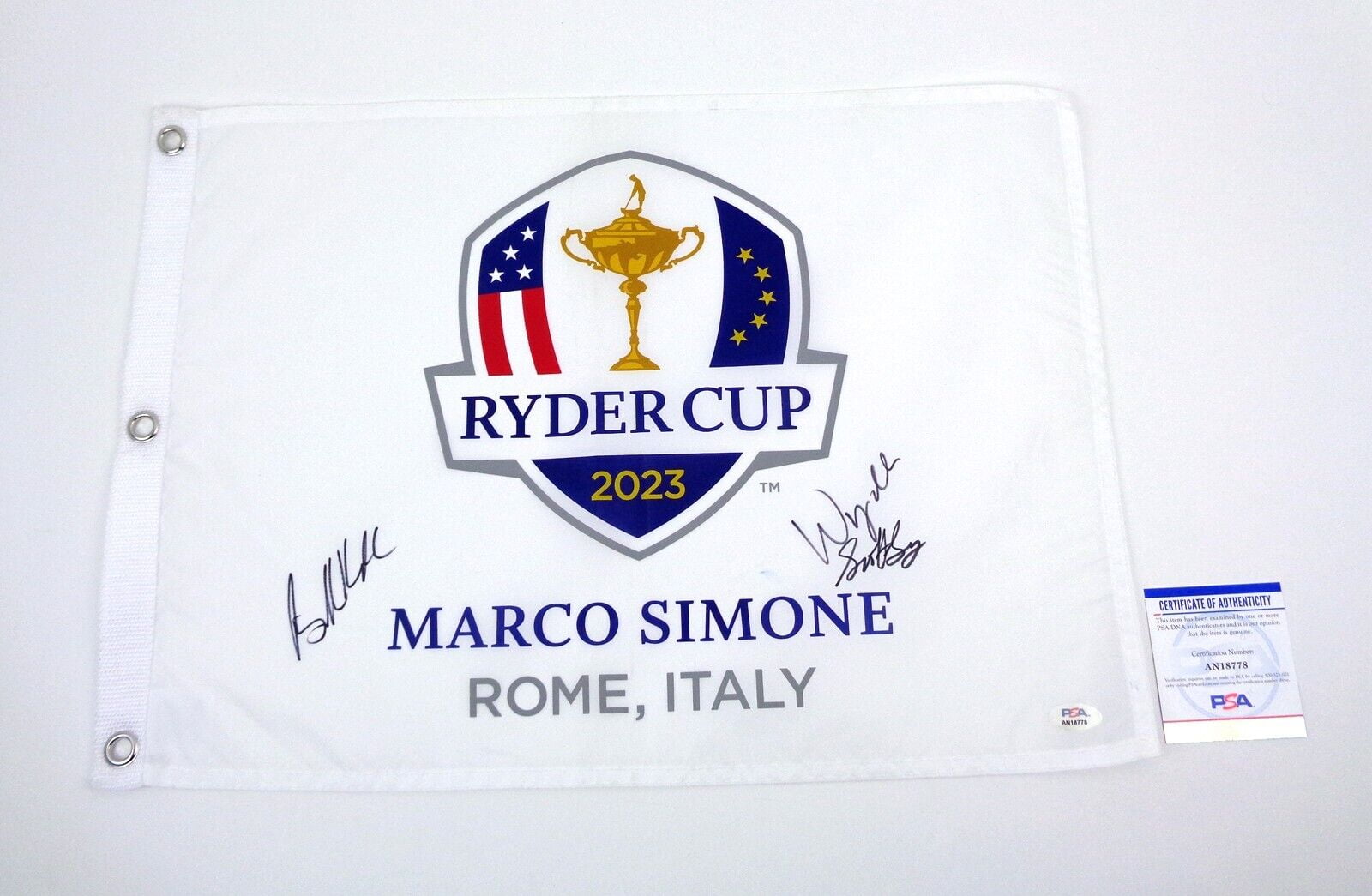 PreOwned Scottie Scheffler & Brooks Koepka Signed Ryder Cup Pin Flag