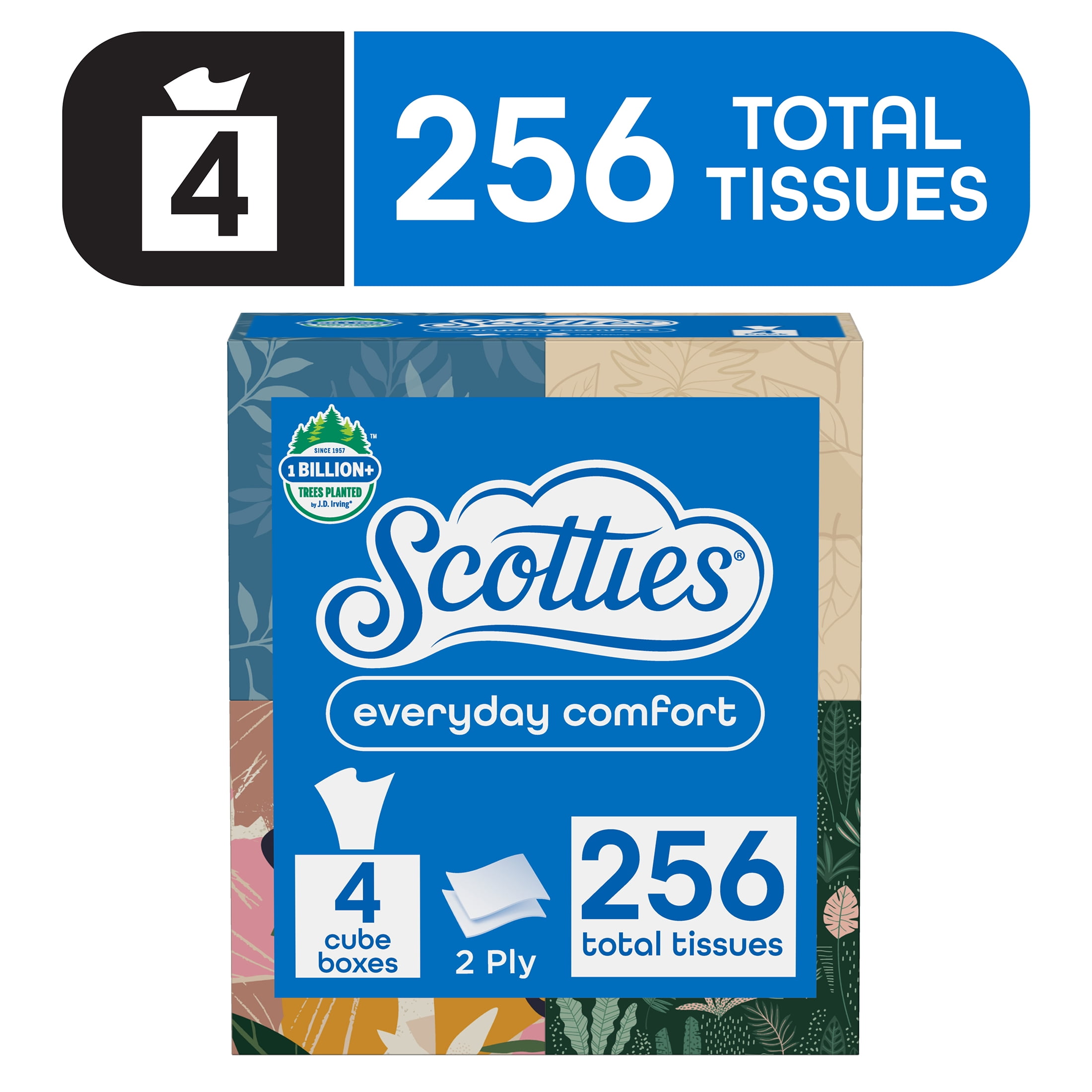 Scotties Everyday Comfort Facial Tissues, 64 Tissues per Box, 4 Cube Packs (256 Total Tissues)