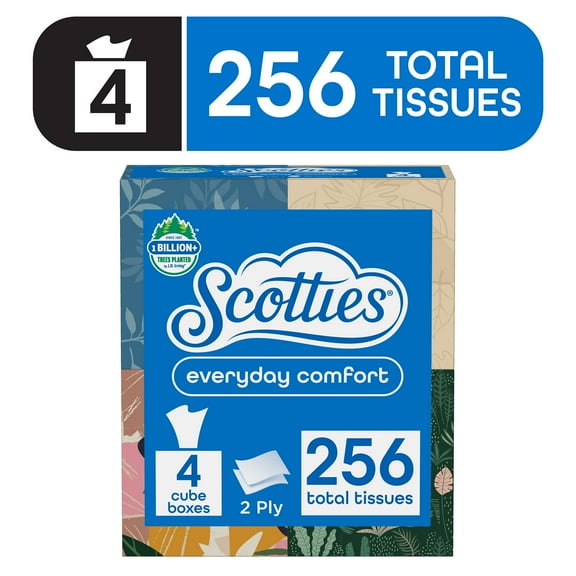 Scotties Everyday Comfort Facial Tissues, 64 Tissues per Box, 4 Cube Packs (256 Total Tissues)