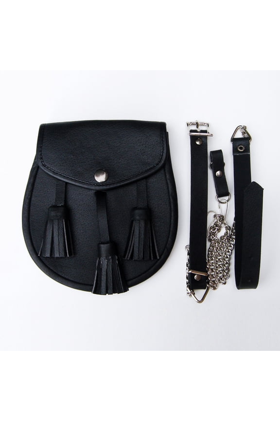 Scottish Black LEATHER Kilt SPORRAN and Belt 3 Tassels
