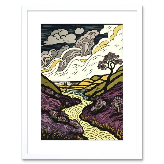 Scottish Countryside Path with Purple Heather Artwork Framed Wall Art Print 9X7 Inch