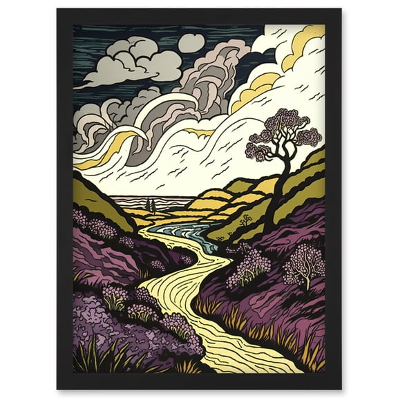 Scottish Countryside Path with Purple Heather Artwork Framed Wall Art Print A4
