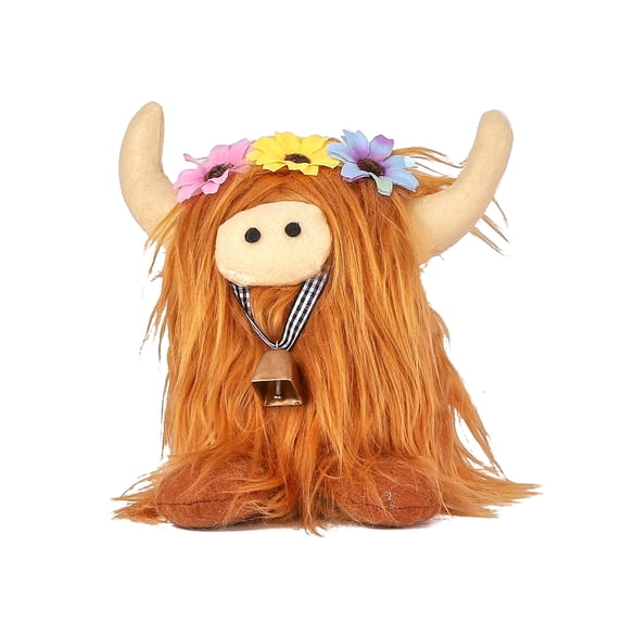 Scottish Cow Plush Toy Stuffed Highland Cow Plush Simulation Highland Cow with Bell,Brown