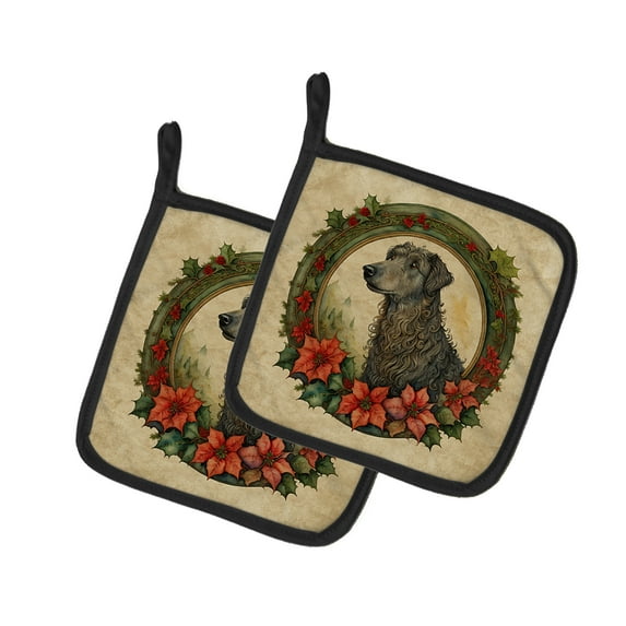 Scottish Deerhound Christmas Flowers Pair of Pot Holders 7.5 in x 7.5 in