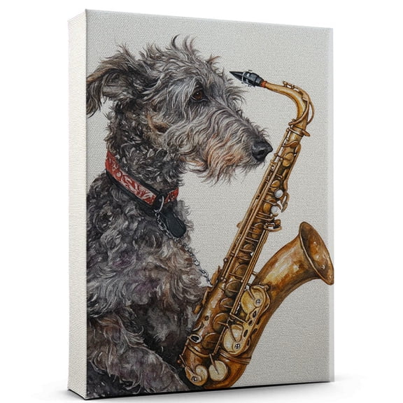 Scottish Deerhound Dog Stretched Canvas Size 8x12 – Saxophone Theme Dog Art for Wall, Scottish Deerhound Dog Playing Saxophone Wall Art, Dog Lover Canvas Decor